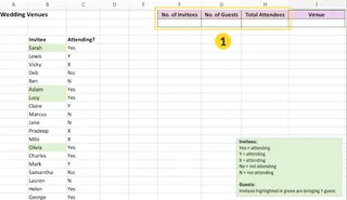 一个混乱的 Excel RSVP 列表，包含不一致的回复和高亮行