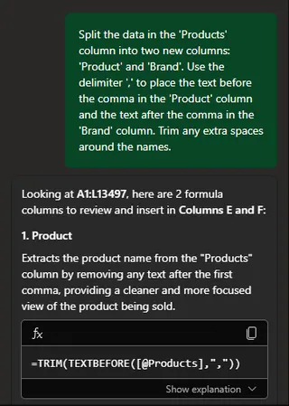 一个混乱的Excel列，包含合并的产品和品牌名称。