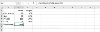 在 Excel 中使用 SUMPRODUCT 手动计算加权平均值 1