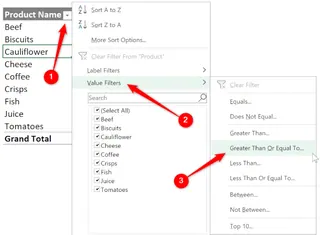 使用值筛选器菜单应用数值条件。 使用值筛选器菜单应用数值条件。