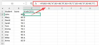 一个 Excel 表格，演示了使用 IFS 函数根据分数分配字母等级。