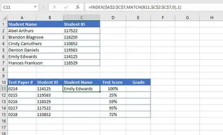 Excel 表格中复杂 INDEX MATCH 公式的示例。