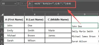 一个使用与号合并名字和姓氏的简单公式。1 一个使用与号合并名字和姓氏的简单公式。1