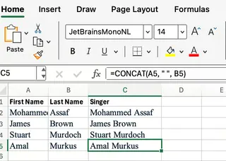 Excel Concat combining first and last name 1