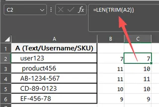 LEN function combined with TRIM in Excel 2