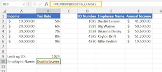 VLOOKUP 使用 ID 查找员工姓名的示例。