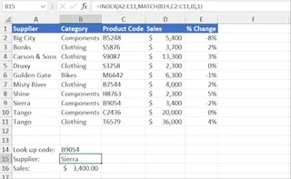 使用 INDEX/MATCH 查找产品代码的示例。