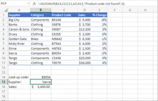 使用 XLOOKUP 查找产品代码并带有自定义“未找到”消息的示例。