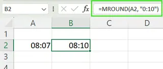在Excel中使用MROUND()函数将时间舍入到最接近的分钟