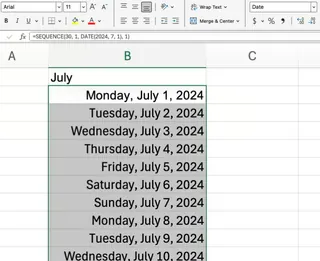 在Excel中使用SEQUENCE创建日历5