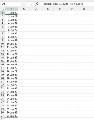 A column of dates for an entire month generated using the SEQUENCE and DATE functions in Excel.