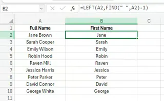 结合FIND和LEFT提取名字