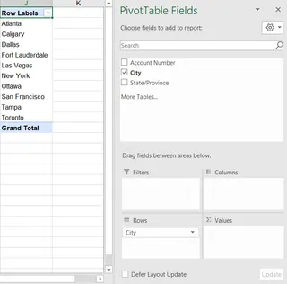 A PivotTable Fields pane showing the A PivotTable Fields pane showing the