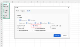 Excel 中用于选择空值的定位条件对话框
