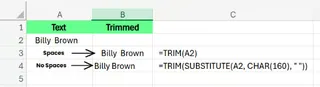 在Excel中使用TRIM和SUBSTITUTE函数移除非换行空格。 8