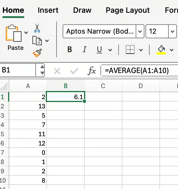 Excel中的AVERAGE函数示例