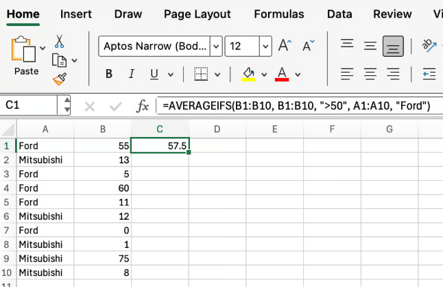 Excel中的AVERAGEIFS函数示例