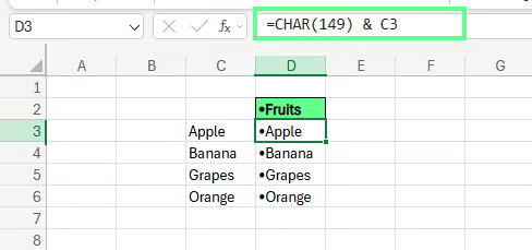 在Excel中使用CHAR()函数添加项目符号