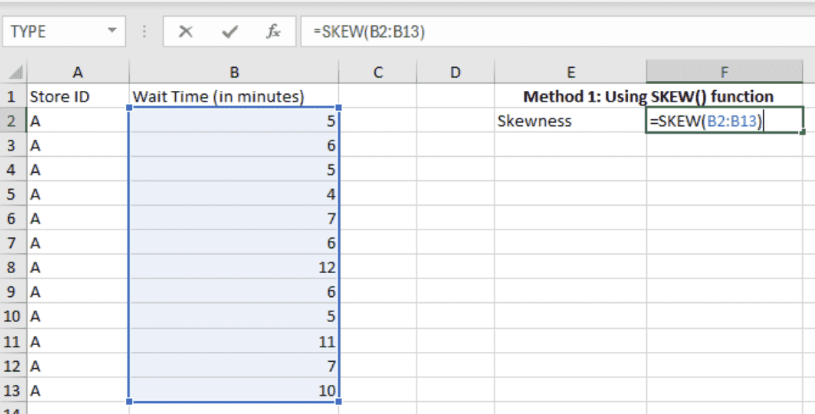 在Excel中使用SKEW函数计算偏度
