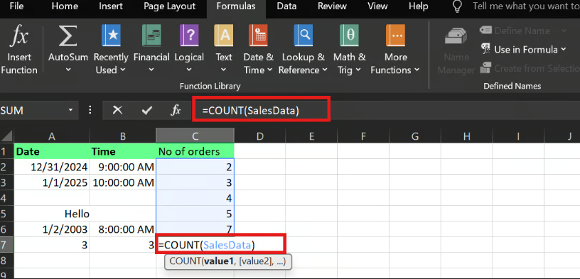 使用命名范围的COUNT()函数7