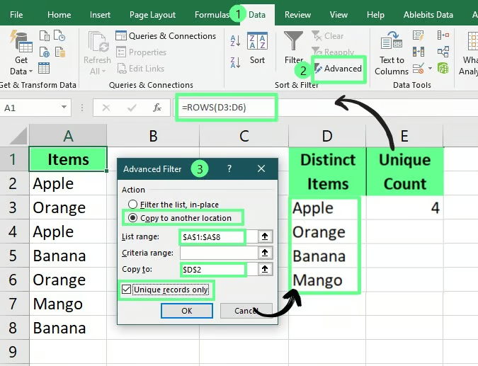 使用高级筛选选项统计不重复值 10