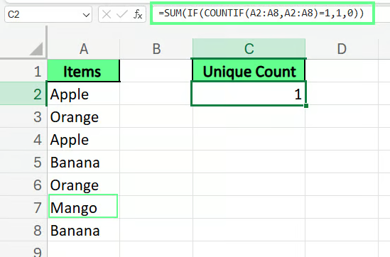 在Excel中使用SUM(), IF()和COUNTIF()统计唯一值 2