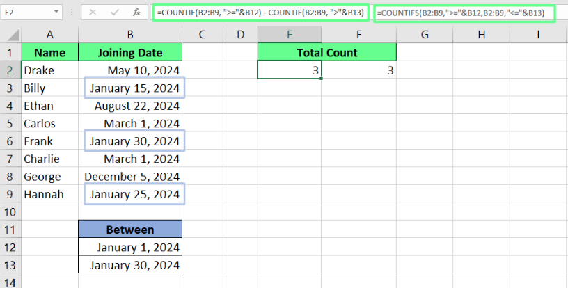 在Excel中使用COUNTIF()处理两个条件