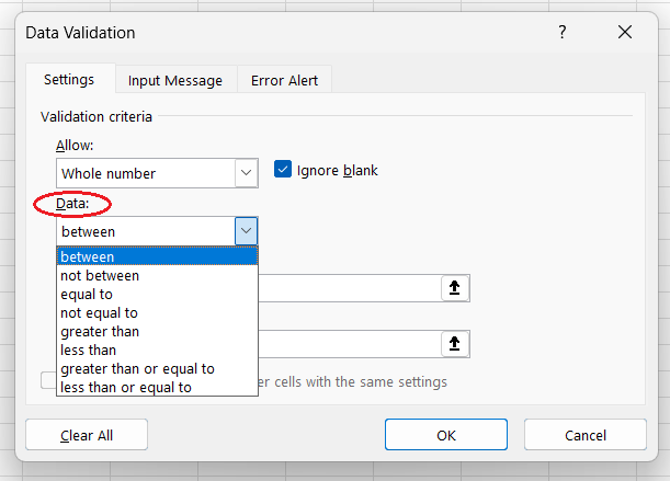 如何在Excel中选择逻辑条件以限制数据验证的数据范围/长度。3