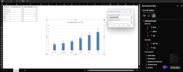 用于从单元格范围指定自定义误差线值的对话框。 3