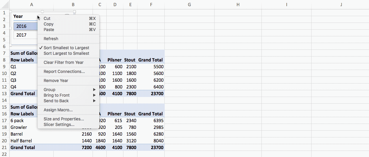 展示插入切片器并连接到报表的手动过程的 GIF。