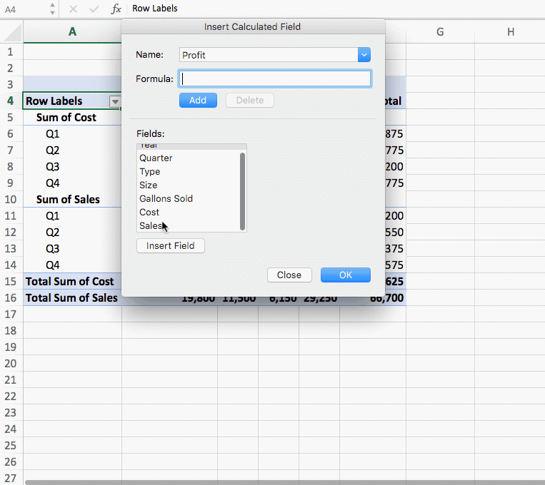 展示在 Excel 对话框中创建计算字段的 GIF。