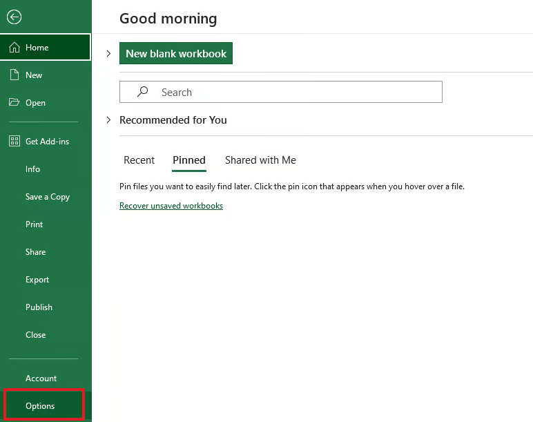 从文件选项卡选择选项