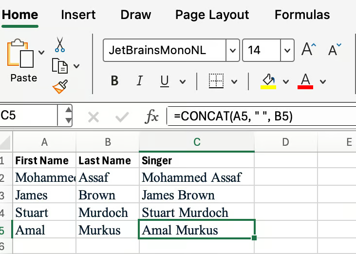 Excel Concat combining first and last name 1
