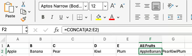 Joining a range of cells using Excel CONCAT 3