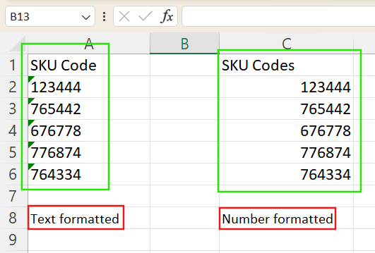 Excel中文本格式的数字左对齐示例 1