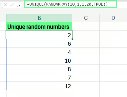 在Excel中使用UNIQUE和RANDARRAY生成随机数