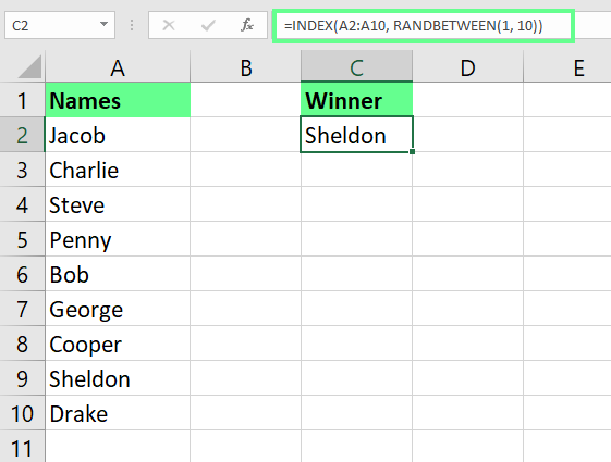在Excel中使用RANDBETWEEN函数从列表中随机选择姓名