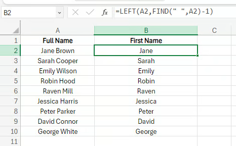 结合FIND和LEFT提取名字