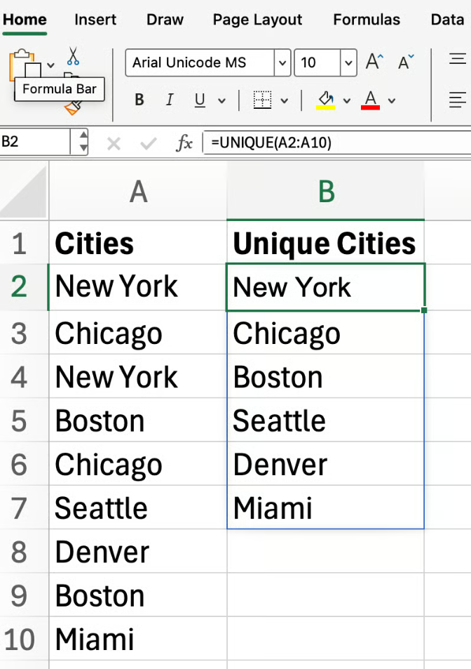 Excel UNIQUE函数基础示例1