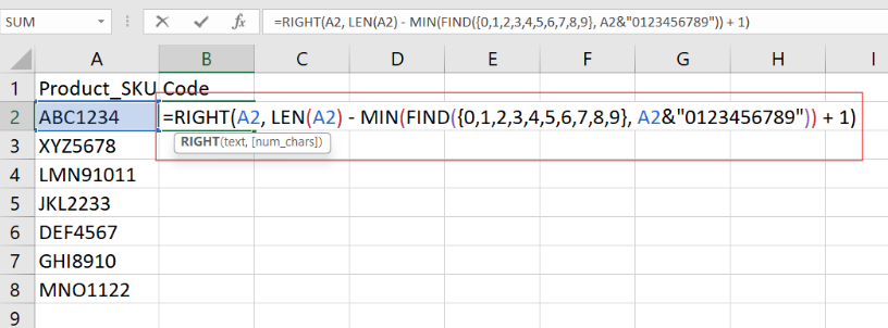 在Excel中从字符串末尾提取数字。2