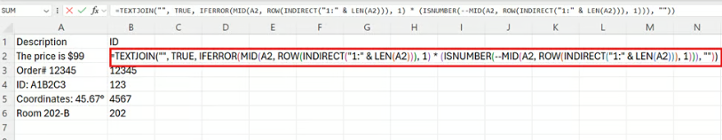 使用TEXTJOIN()、MID()和ROW()在Excel中从任意位置提取数字。5