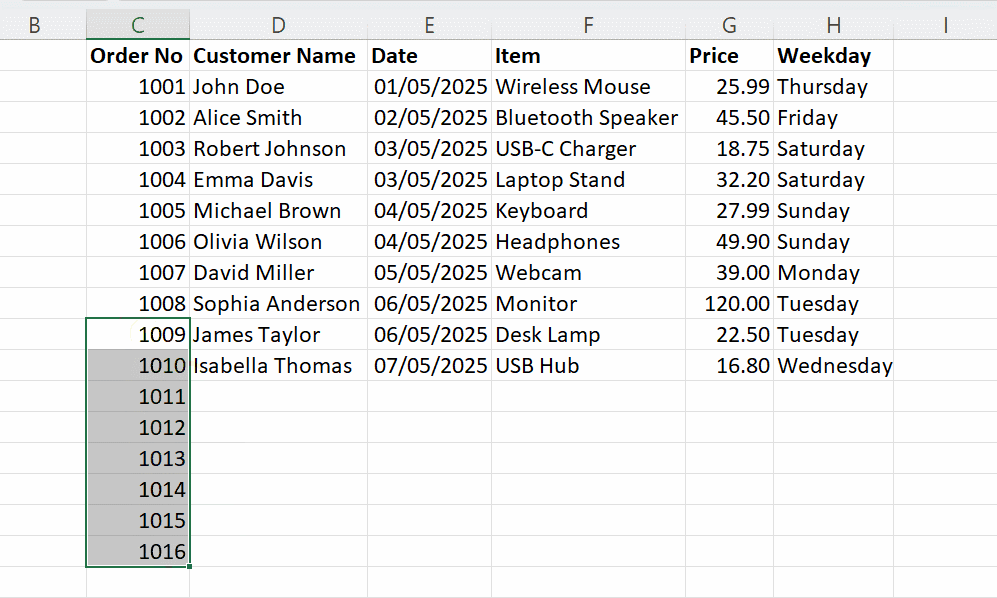 使用Excel填充柄填充数值2
