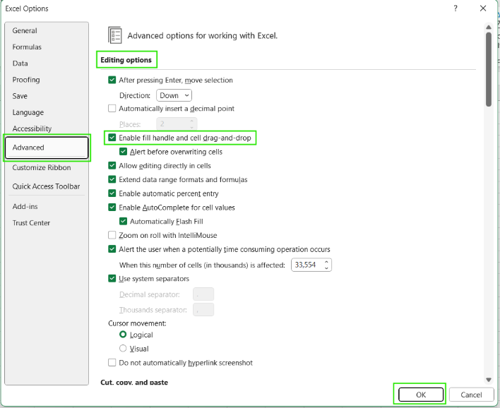 Excel中启用填充柄方法9