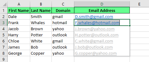 使用快速填充生成电子邮件地址 11
