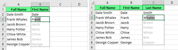 使用Excel快速填充从全名提取姓氏和名字 5