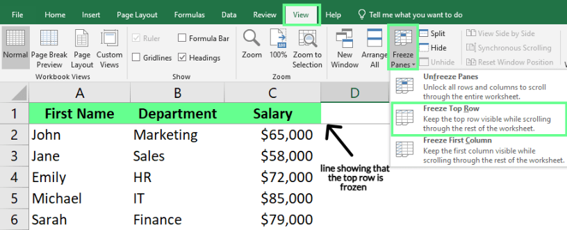 在Excel工作表中冻结首行 1