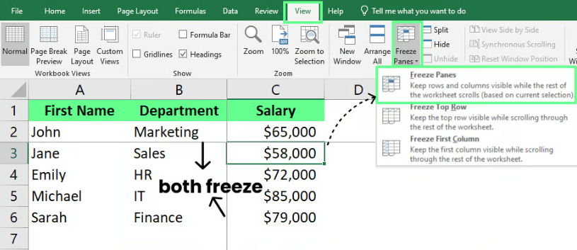 在Excel中一次冻结多行 3