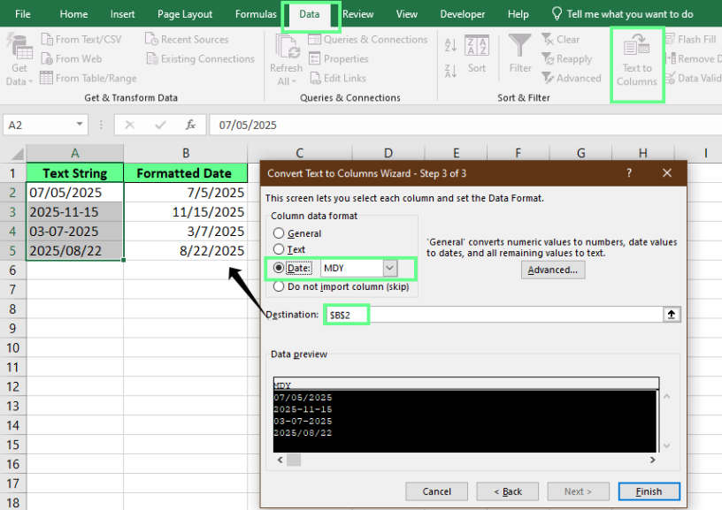 使用Excel分列功能转换文本日期