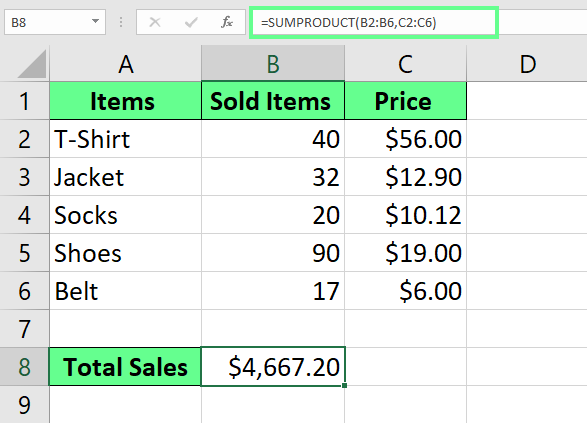 使用SUMPRODUCT函数进行相乘与求和
