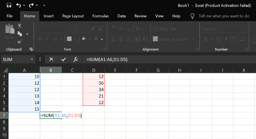 Sum multiple ranges using SUM() in Excel 2